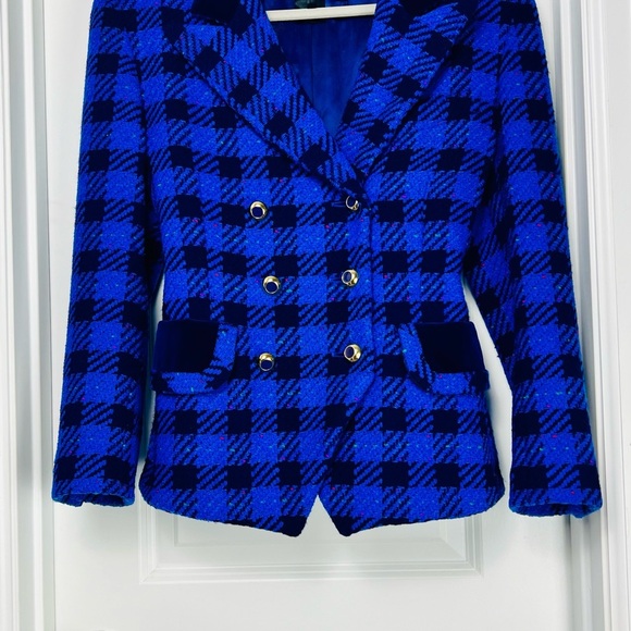 VTG Escada by Margaretha Ley Blue Checked Flecked Wool Double Breasted Blazer 10 - Picture 4 of 14